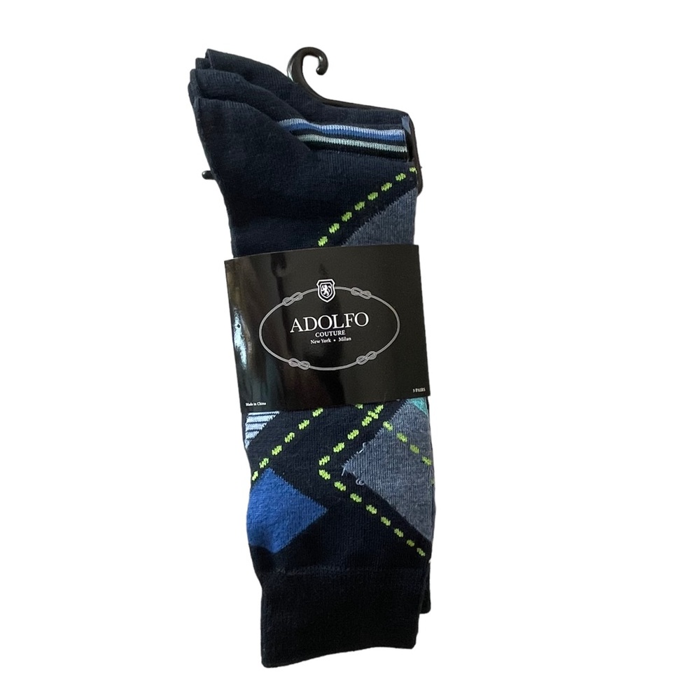 Men's ADOLFO Couture Dress Socks Blue Argyle Stripes Dots 3-Pair Pack Size 10-13